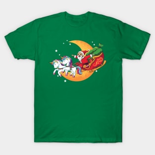 Santa Sloth On Sleigh with Unicorns T-Shirt